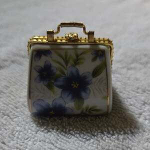 Vintage Porcelain Trinket Box Handbag Shape with Floral Print and Gold Tone Trim